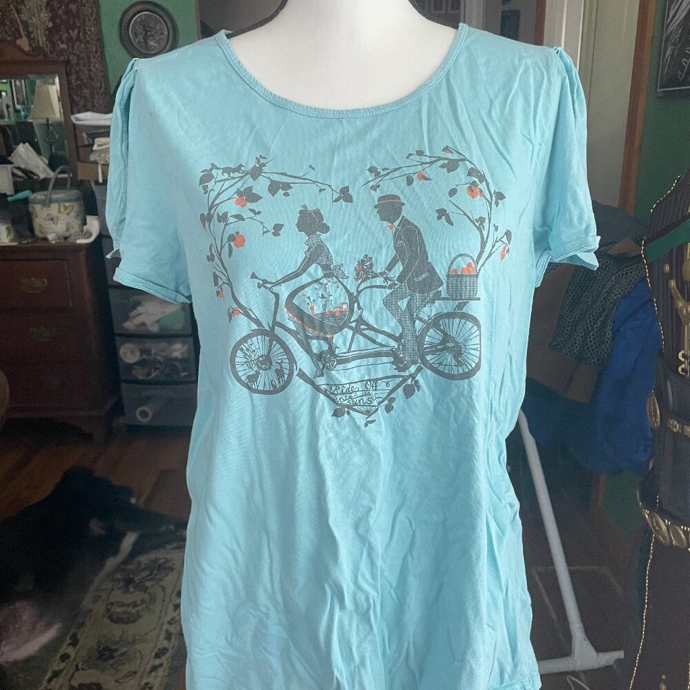 NWOT XL Blue Platypus Petal Sleeve Top "A Bicycle Built For Two" Design